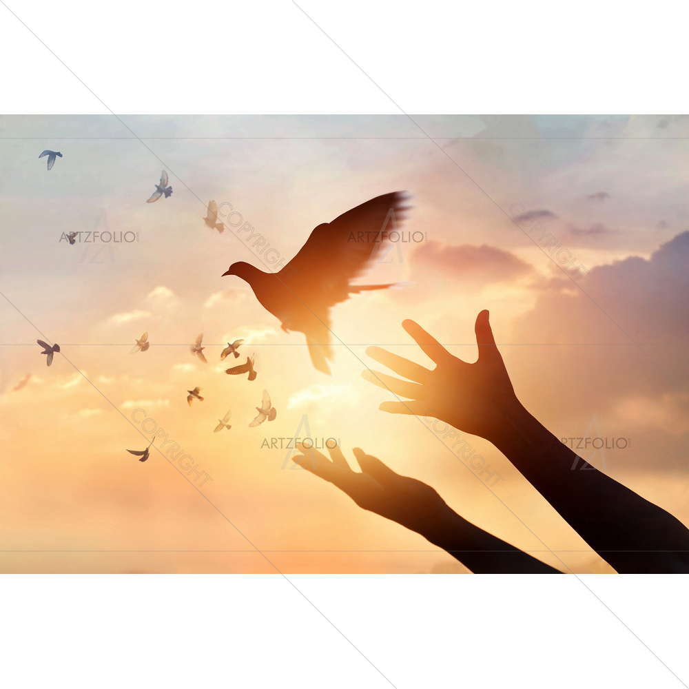 Woman Hands with Bird Enjoying — Devotional custom art by ArtzFolio