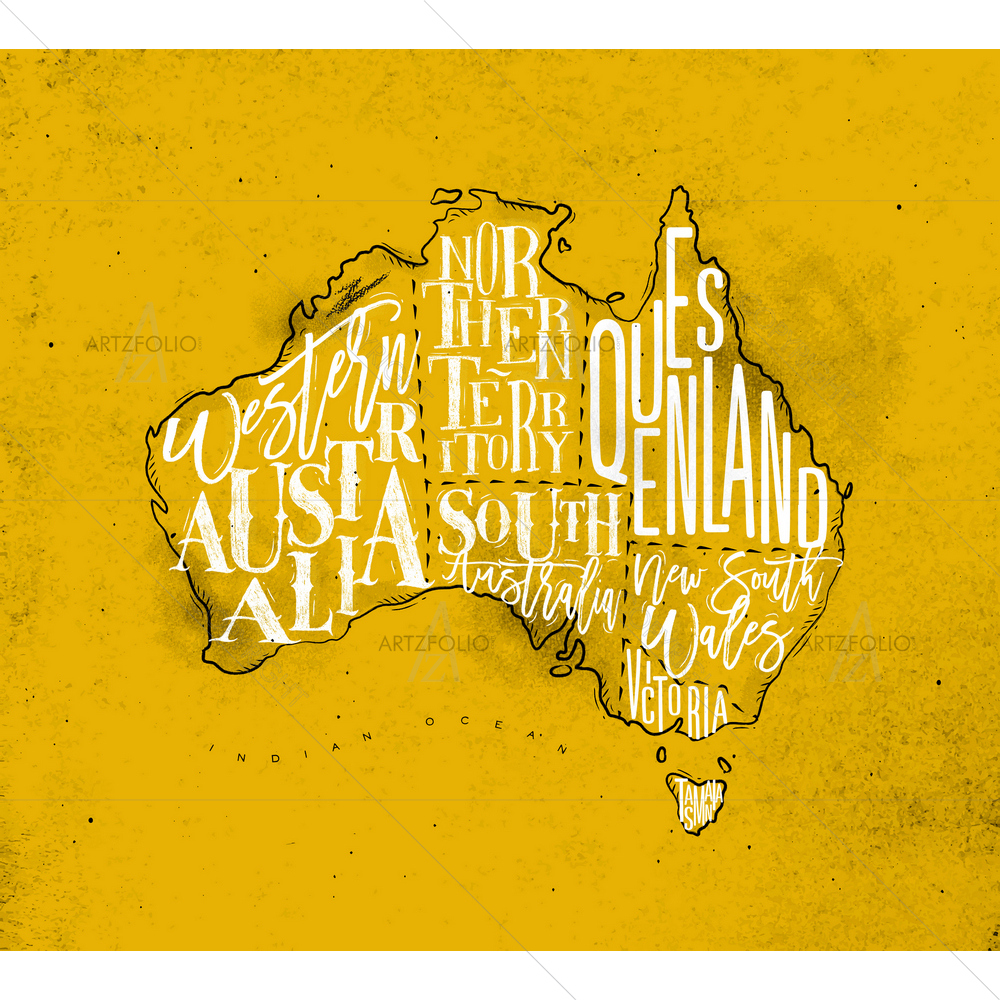 Vintage Australia Map with Regions Inscription — American custom art by ArtzFolio