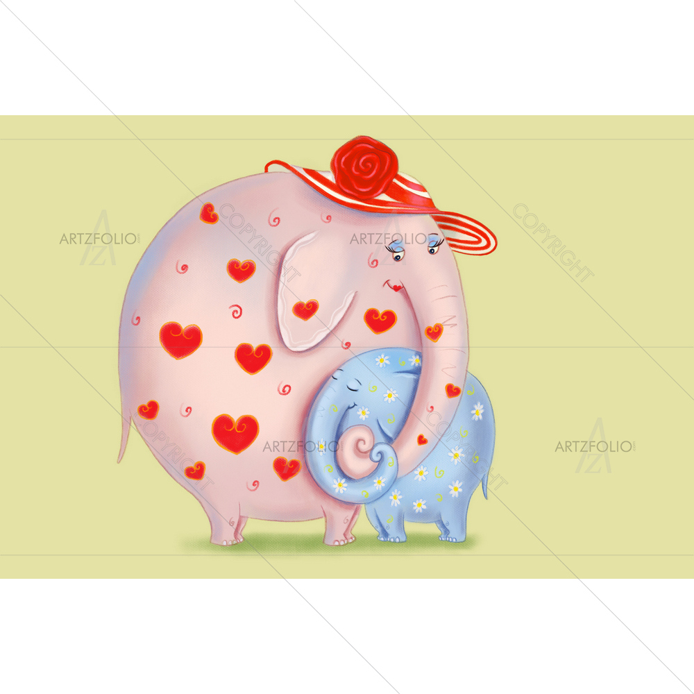 Mother and Baby Elephant Hugging — custom-size art design 5011851