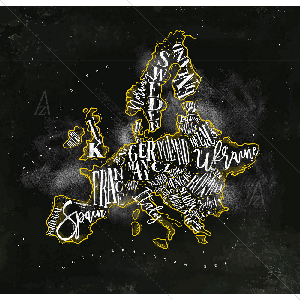 Europe Map with Countries Inscription D1 — custom-size art design 5011860