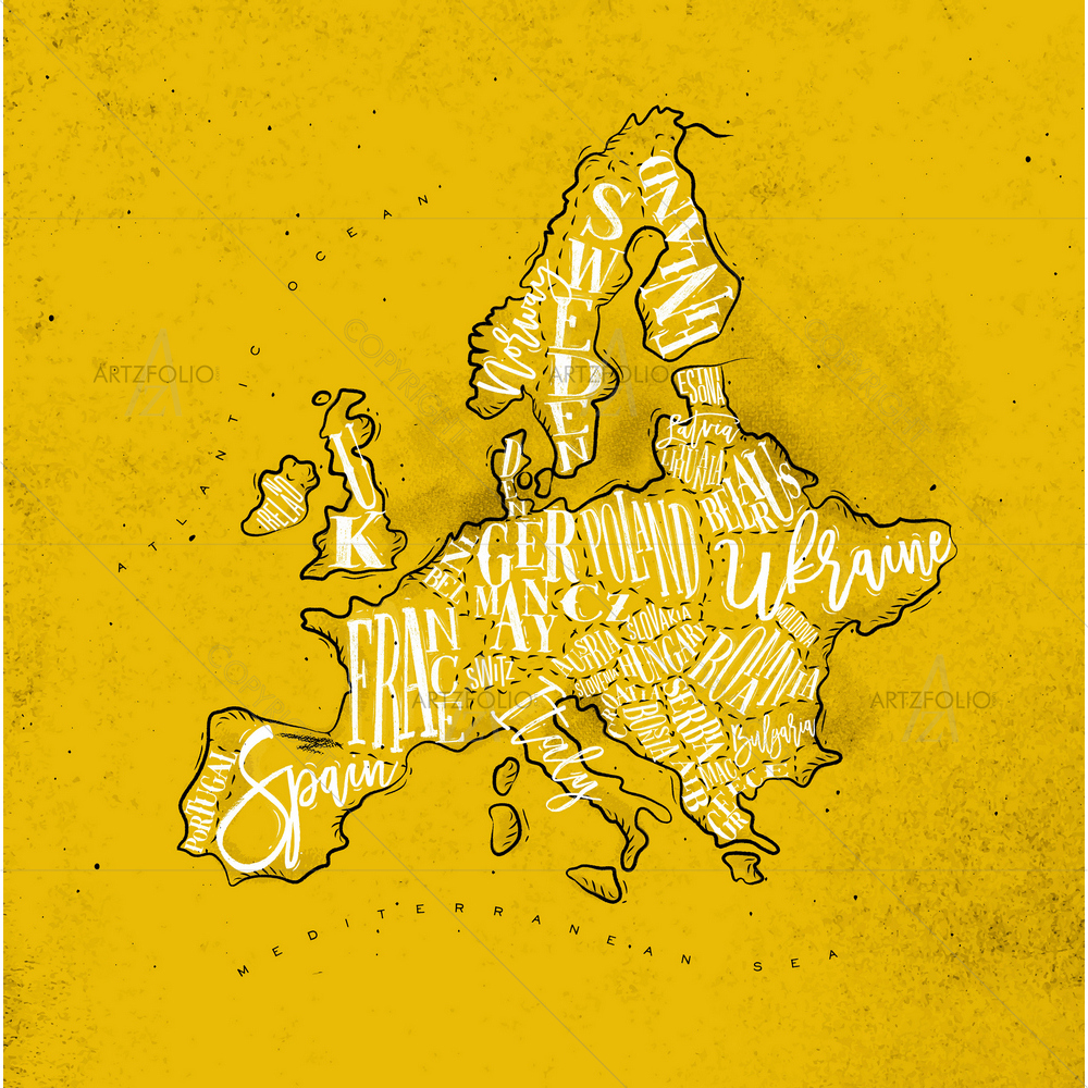 Europe Map with Countries Inscription D2 — custom-size art design 5011861