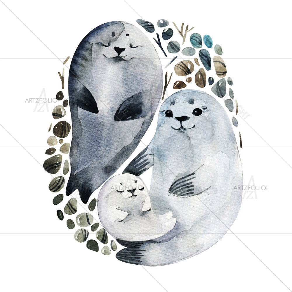 Watercolor Fur Seals — Ancient custom art by ArtzFolio
