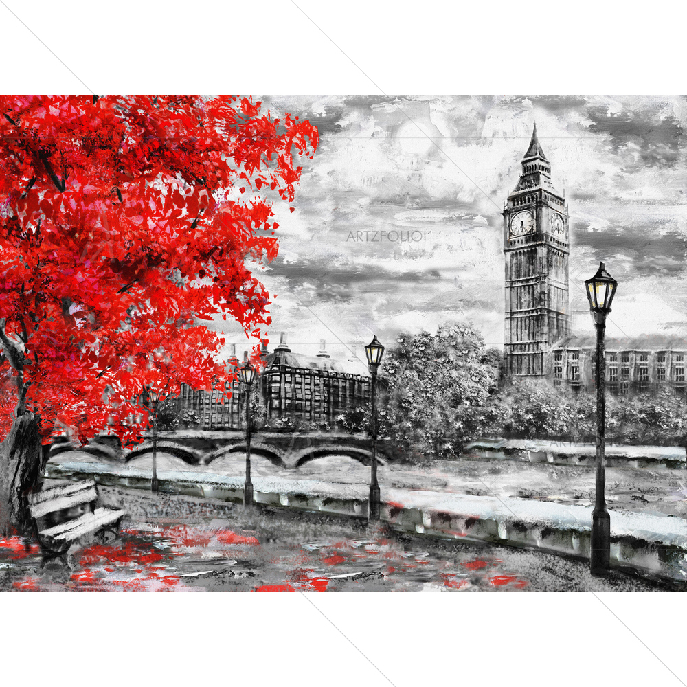 Big Ben & Red Tree in London — Abstract custom art by ArtzFolio