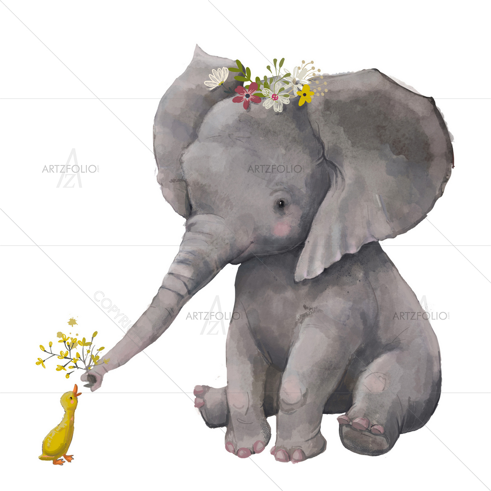 Elephant With Wreath and Duck — Botanical custom art by ArtzFolio