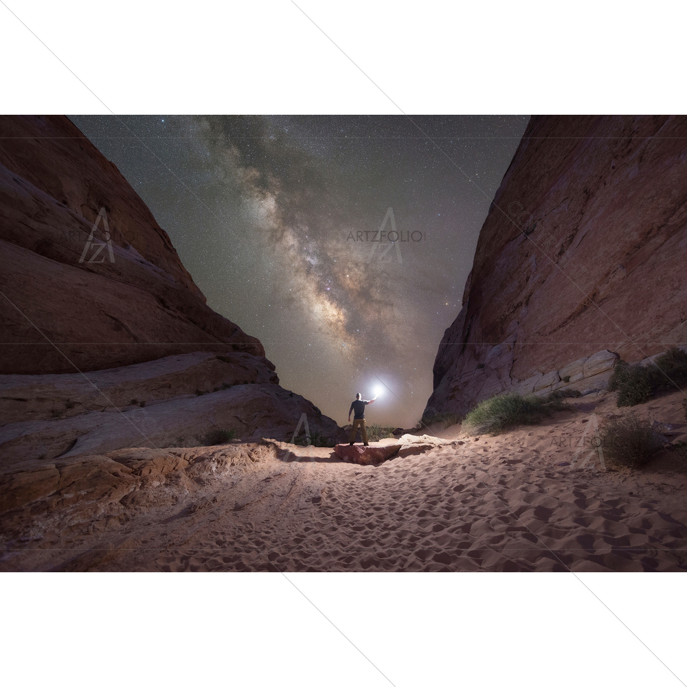 Man Lighting up White Domes, Nevada — Astronomy custom art by ArtzFolio