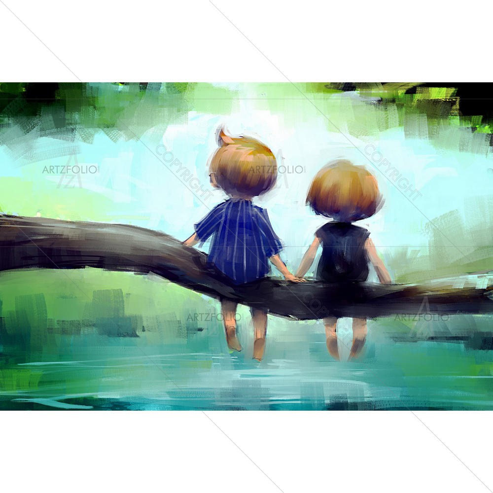 Couple Sitting on Log in Water — Automobiles custom art by ArtzFolio