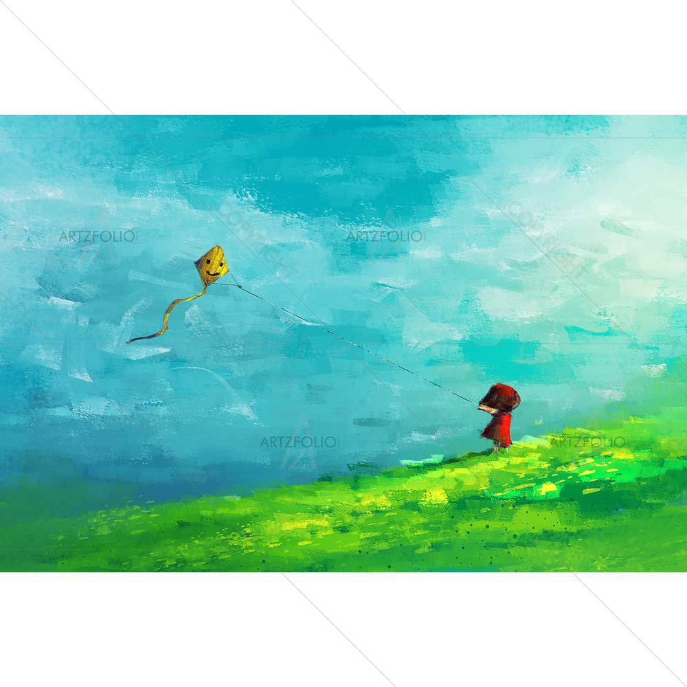 Girl Running in Field with Yellow Kite — custom-size art design 5011950