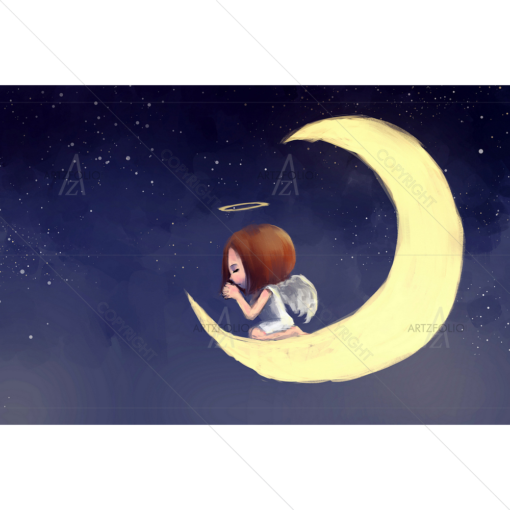 Angel Girl Praying on Moon — Devotional custom art by ArtzFolio