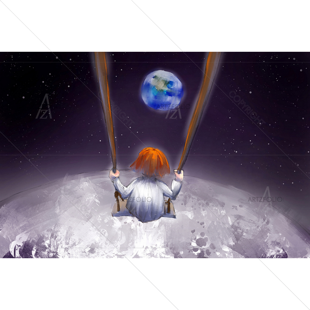 Girl Swinging Over Moon — Animated Cartoons custom art by ArtzFolio