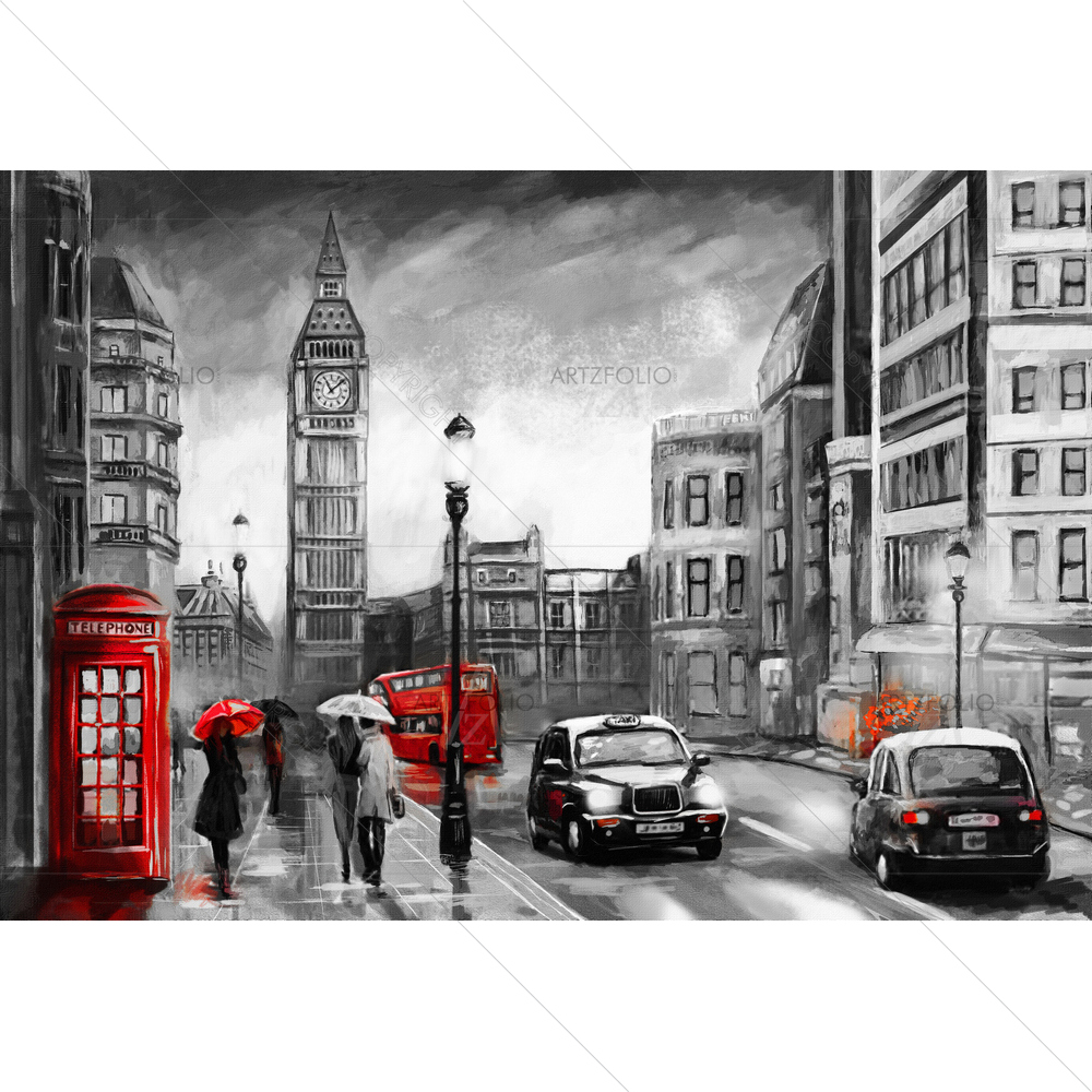 Big Ben & Red Umbrella in London D3 — Abstract custom art by ArtzFolio