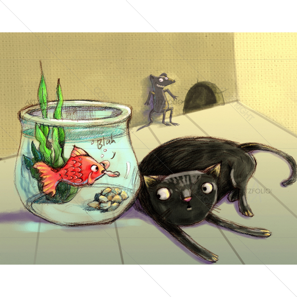 Red Fish Teasing Cat — Paintings Illustration custom art by ArtzFolio