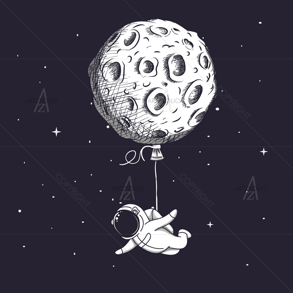 Spaceman Fly with Moon like Balloon — Abstract custom art by ArtzFolio