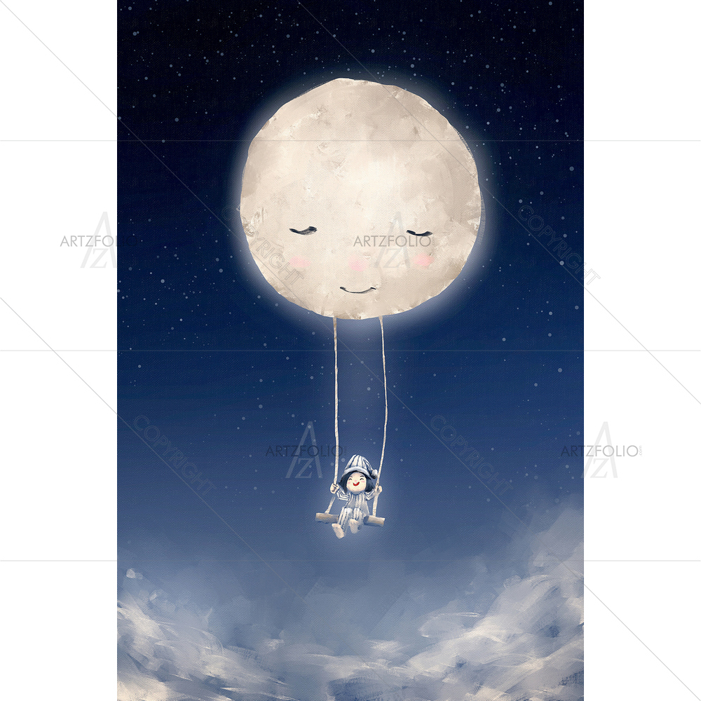 Girl Riding on Swing Tied to Moon — custom-size art design 5012085