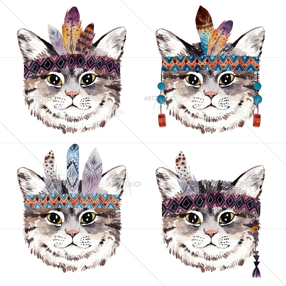 Cat with Boho Feathers — American custom art by ArtzFolio