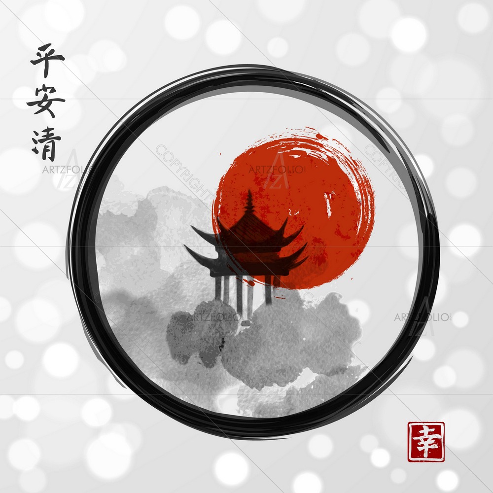 Pagoda Temple, Sun, Forest Trees — custom-size art design 5012134