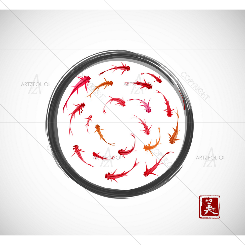 Red Fishes with Enso Zen Circle — custom-size art design 5012185