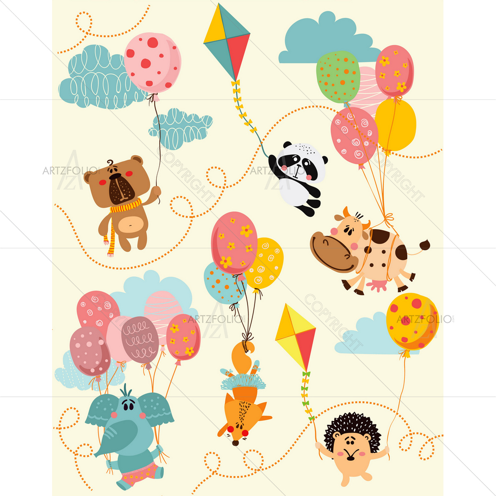 Cartoon Animals with Balloons — Ancient custom art by ArtzFolio