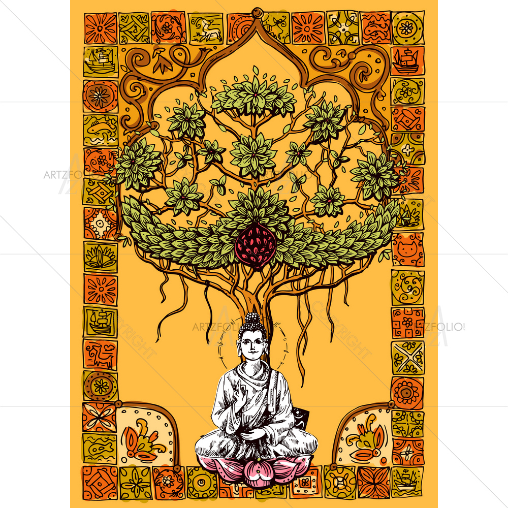 Hand-Drawn Buddha Tree D3 — custom-size art design 5012224