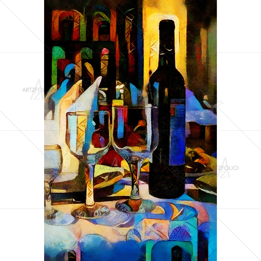 Still Life with Wine Bottle and Glasses — Cubism custom art by ArtzFolio