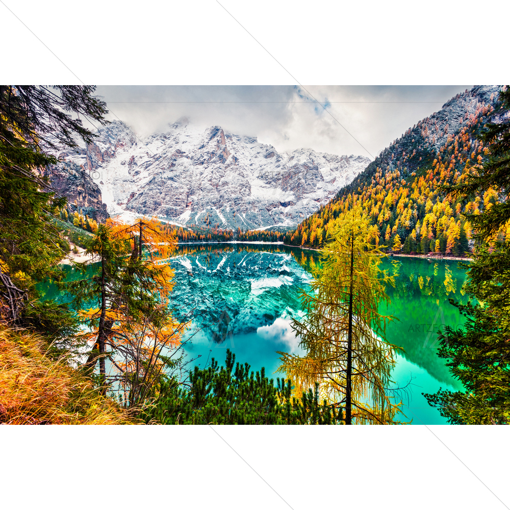 First Snow on Braies Lake, Europe — custom-size art design 5012281