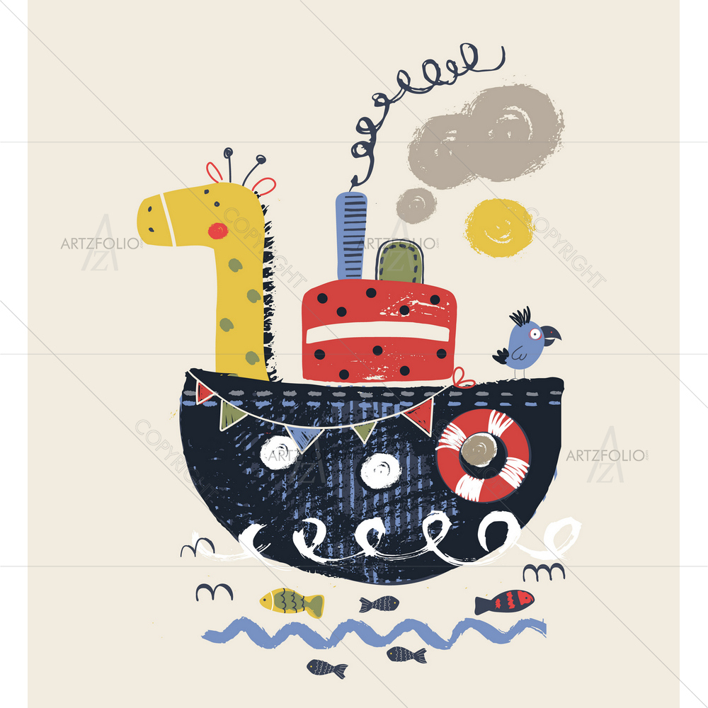 Cartoon Giraffe and Bird on Ship — Ancient custom art by ArtzFolio