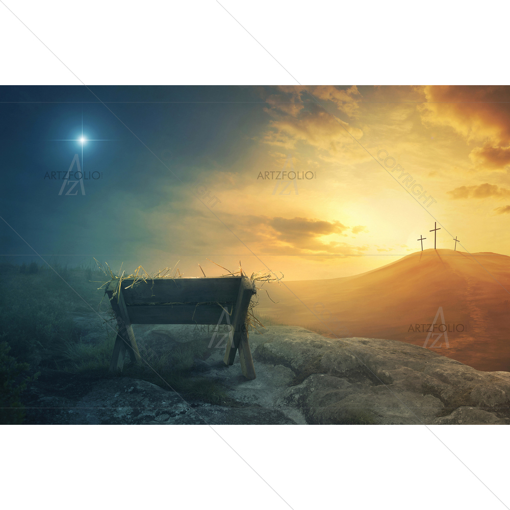 Wooden Manger and Three Wooden Crosses — custom-size art design 5012325