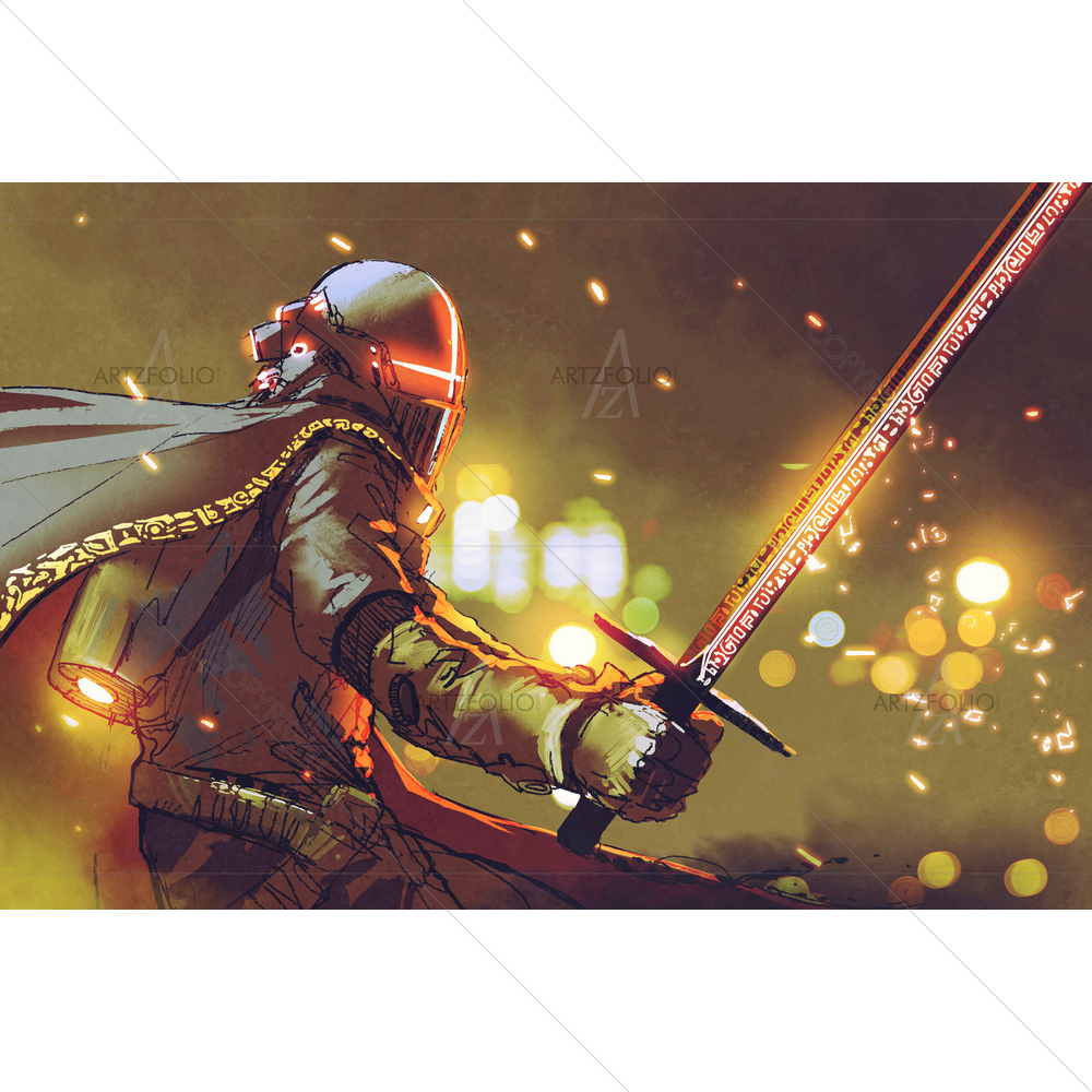 Astro-Knight Holding Magic Sword — Watercolour Painting custom art by ArtzFolio