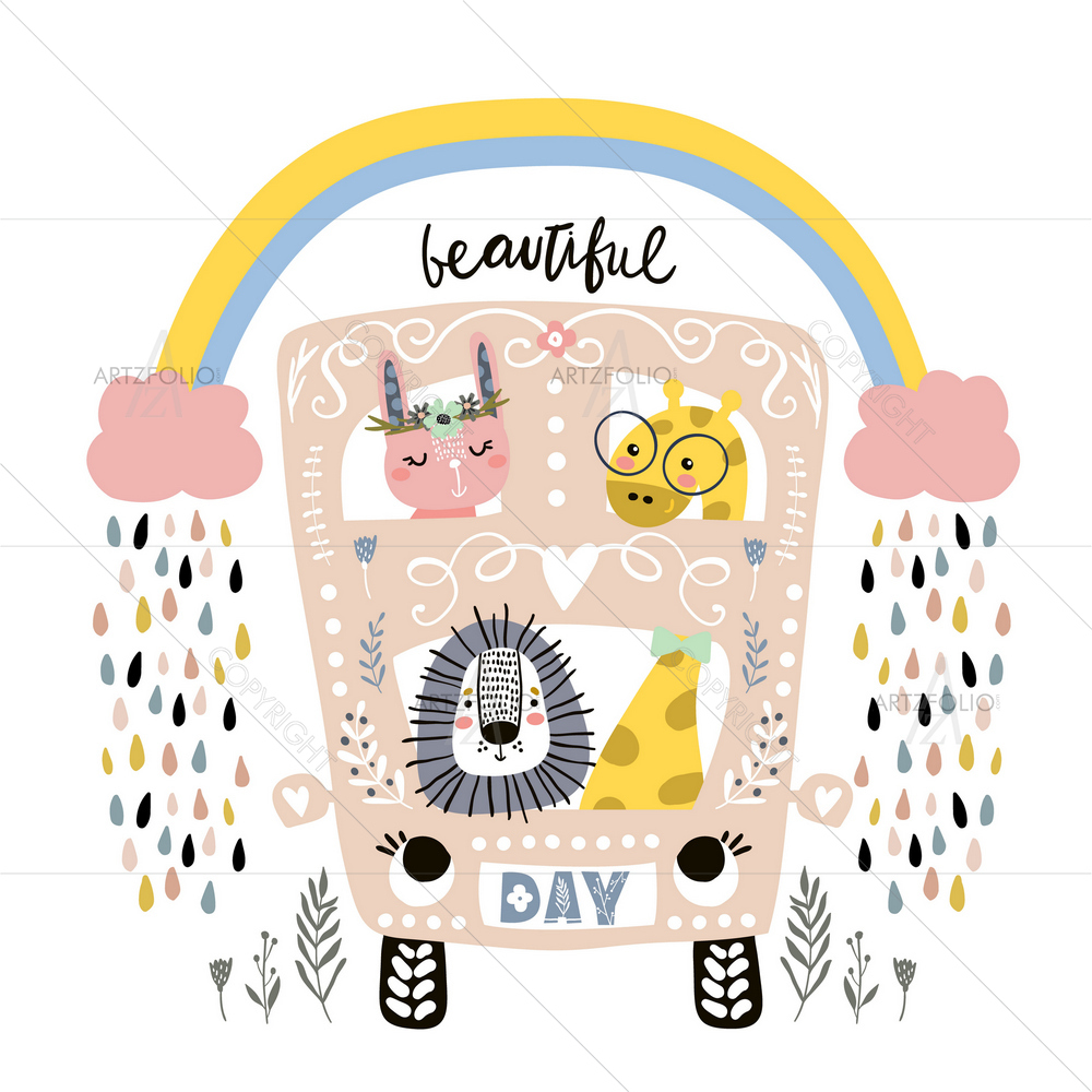 Cartoon Animals in Bus — Botanical custom art by ArtzFolio