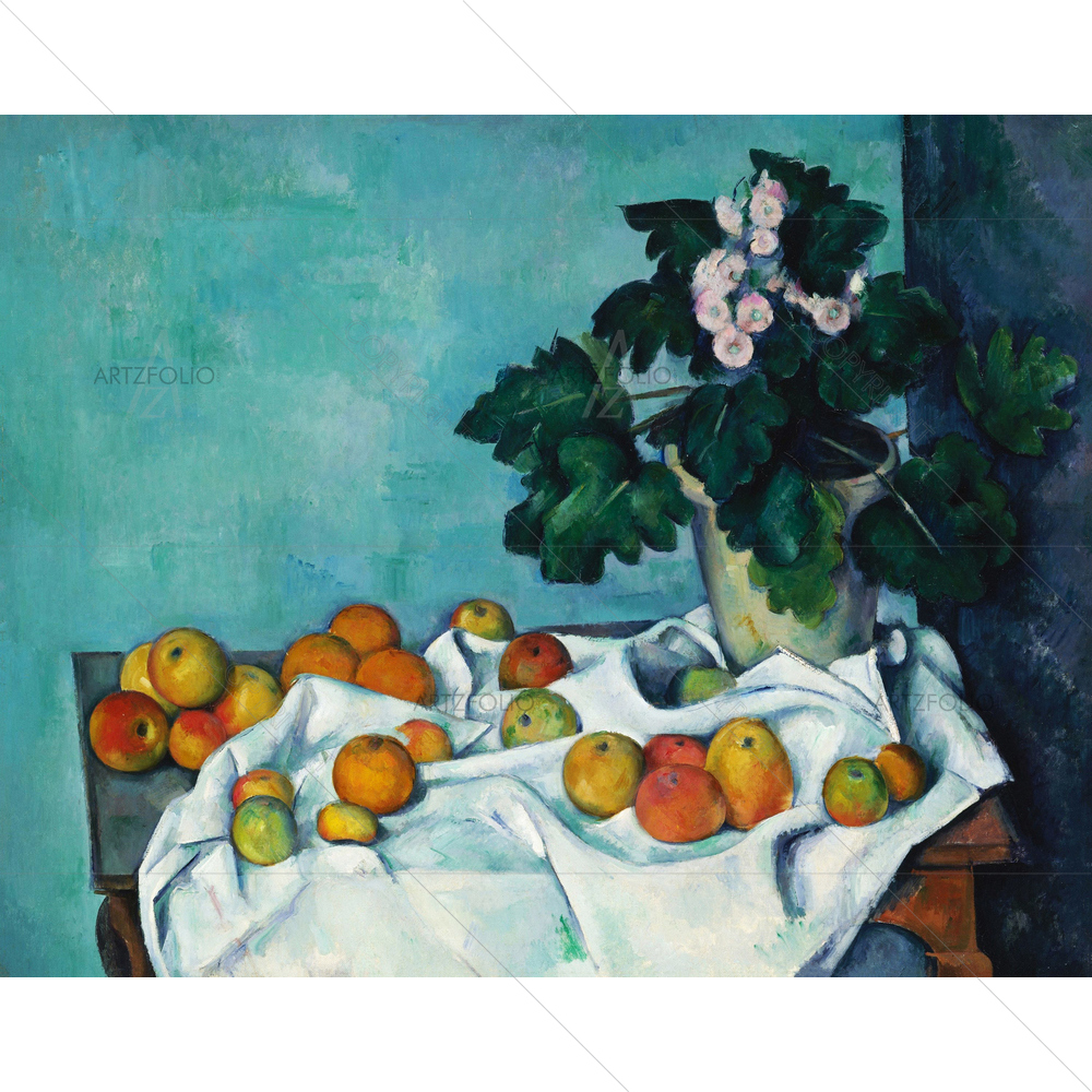 Still Life with Apples and Pot of Primroses, Paul Cezanne, 1890 — Botanical custom art by ArtzFolio