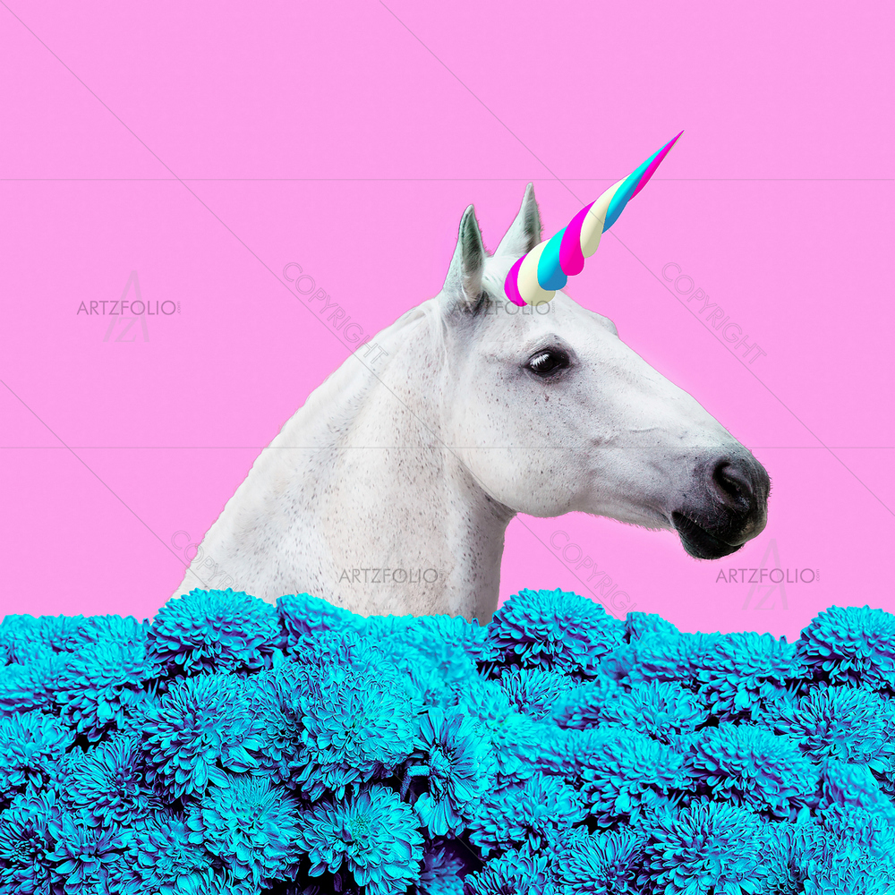 White Unicorn in Dream Flowers — Botanical custom art by ArtzFolio