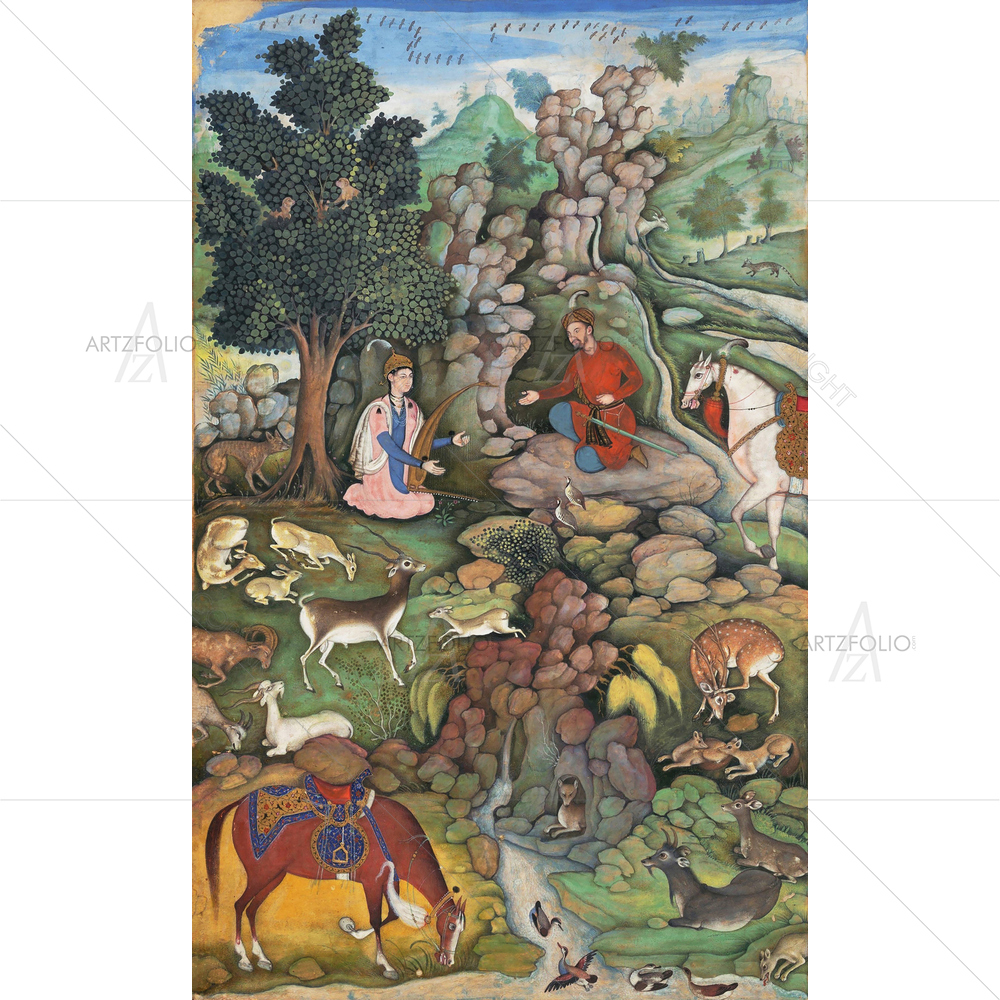 Bahram Gur Sees Herd of Deer Mesmerized, Miskin, 1570-99 — Botanical custom art by ArtzFolio