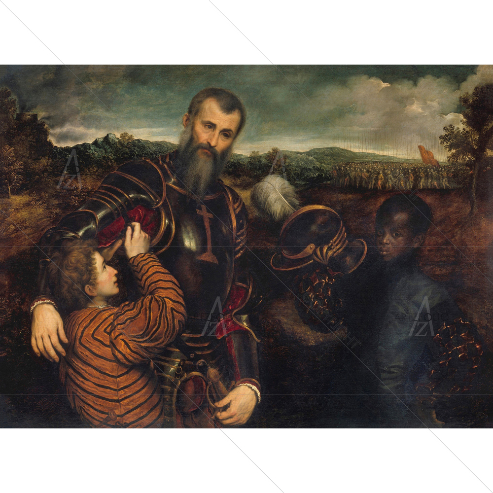 Man in Armor with two Pages, Paris Bordon, 1525-71 — custom-size art design 5012662