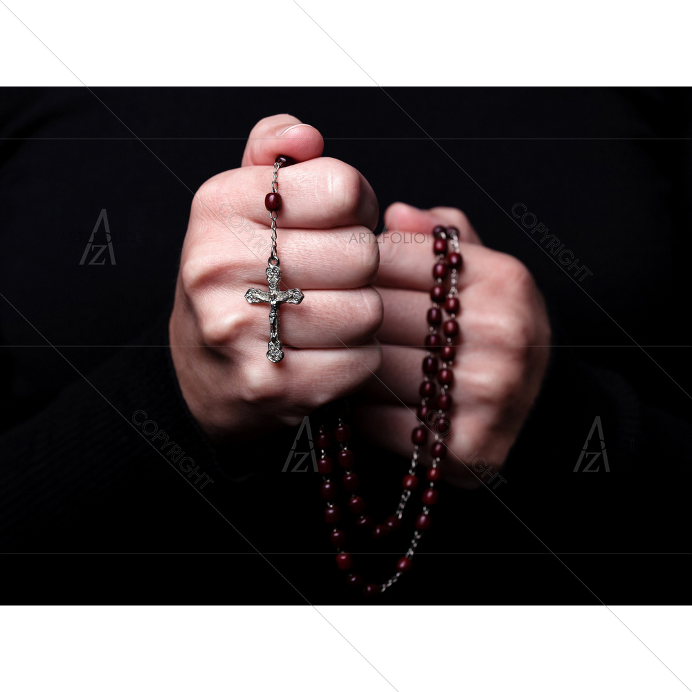 Female Hands Holding Rosary with Jesus cross — custom-size art design 5012693