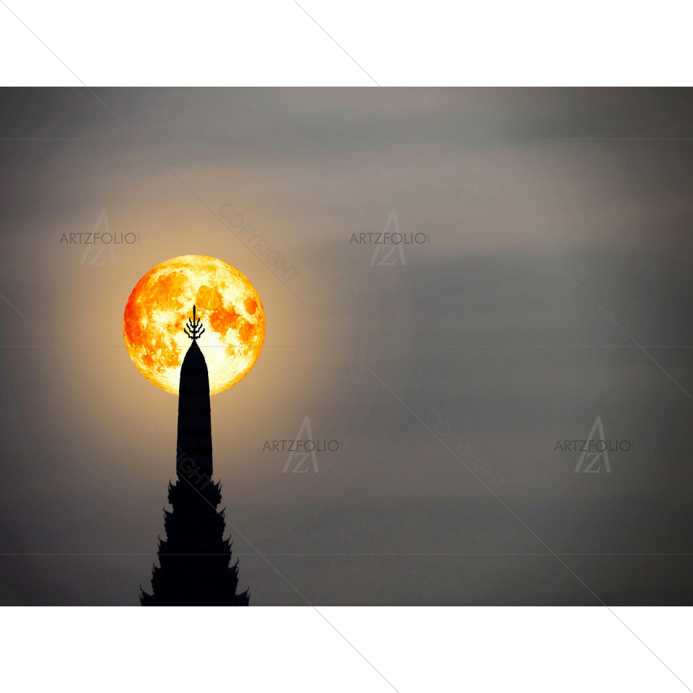 Super Blood Moon in Night and Ancient Pagoda, NASA — Devotional custom art by ArtzFolio