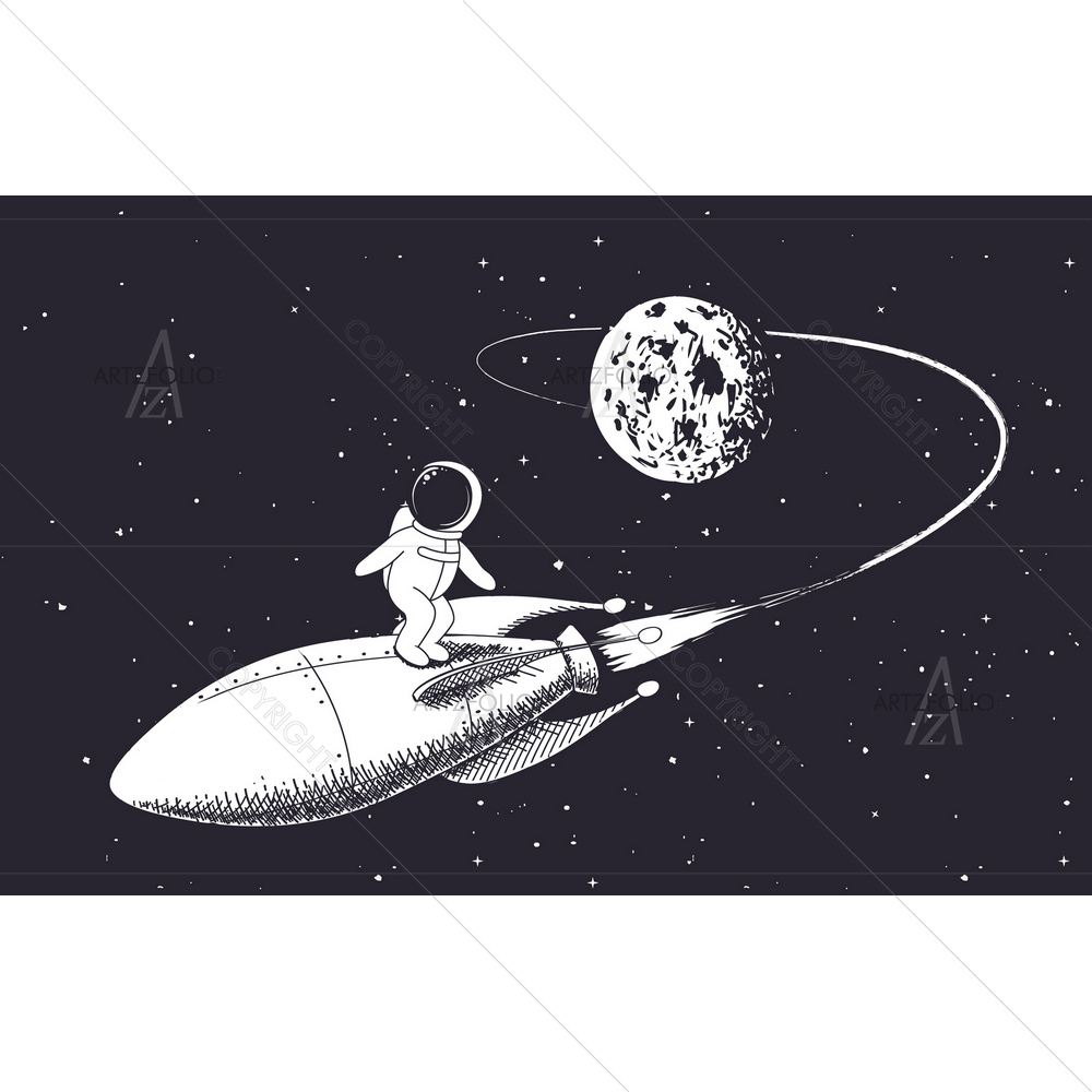 Astronaut Flies From Moon on Rocket — Devotional custom art by ArtzFolio