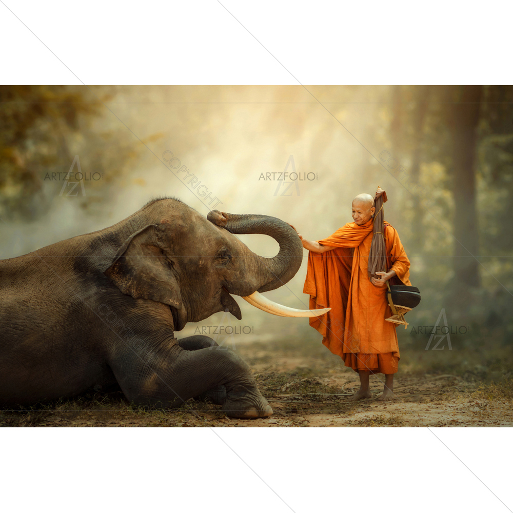 Monk Hiking with Canny Elephant — Devotional custom art by ArtzFolio
