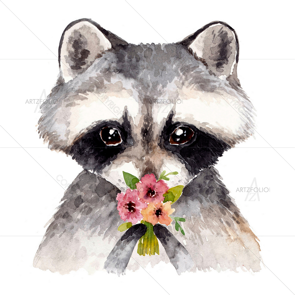 Watercolor Baby Raccoon — Botanical custom art by ArtzFolio