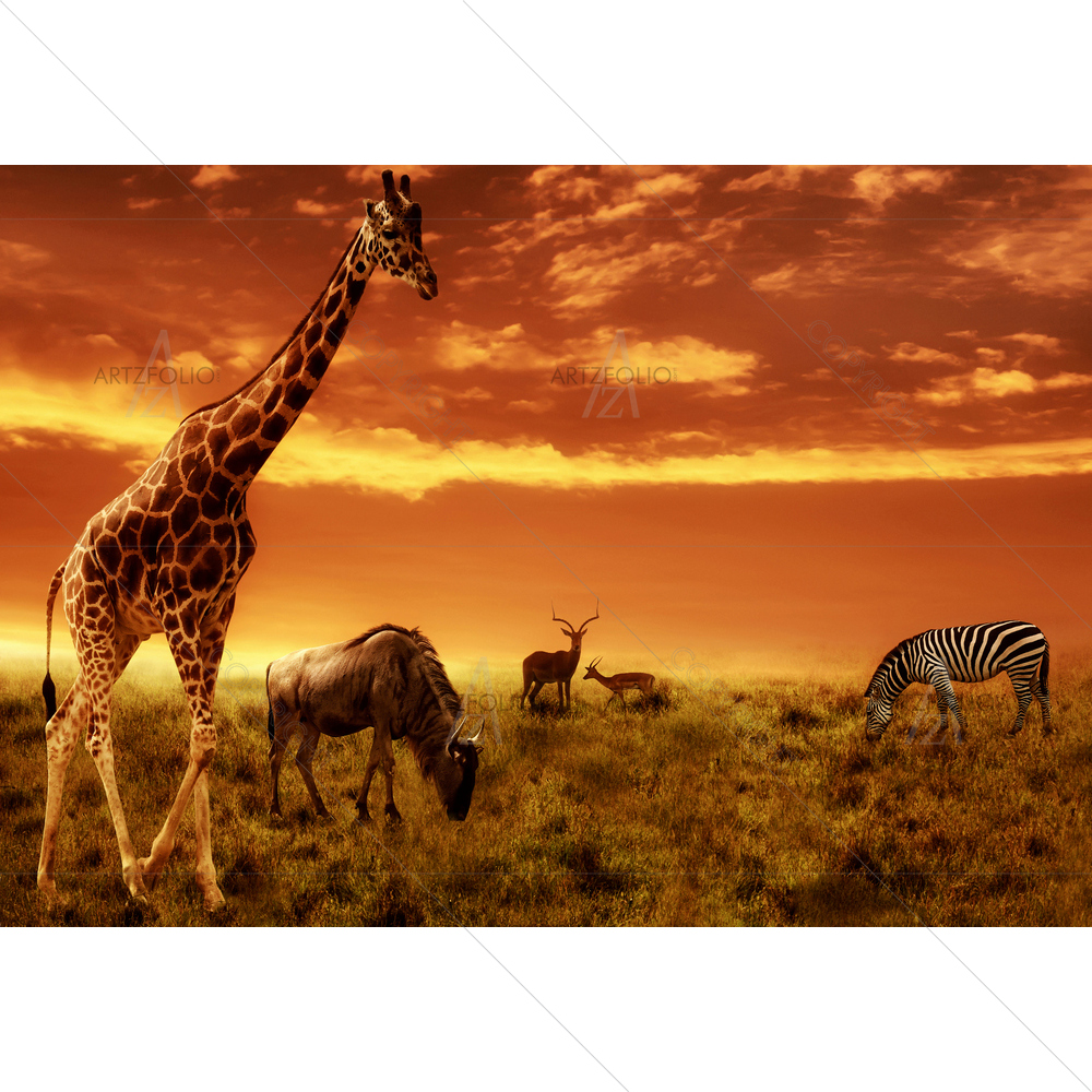African Sunset With Animals' Silhouette — African custom art by ArtzFolio