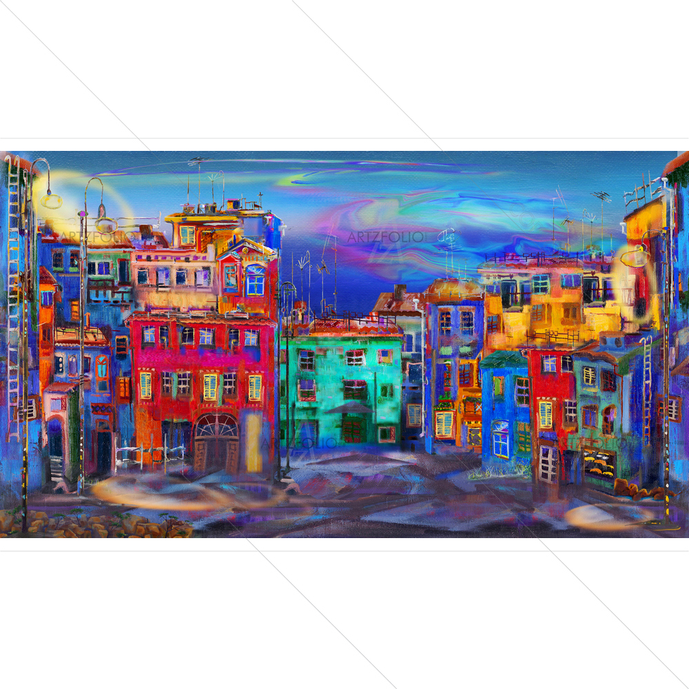 Evening Street with Colorful Homes — Animated Cartoons custom art by ArtzFolio