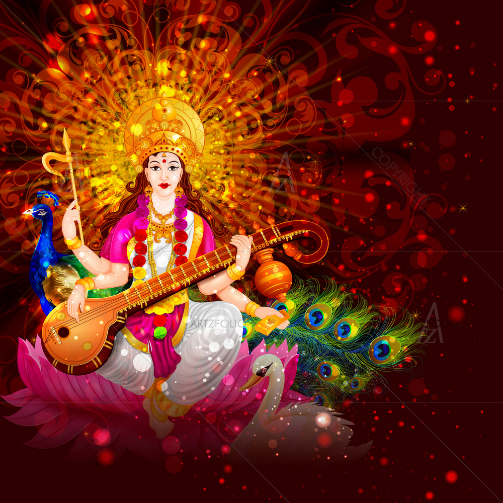 Goddess Saraswati, Vasant Panchami Festival D1 — Devotional custom art by ArtzFolio