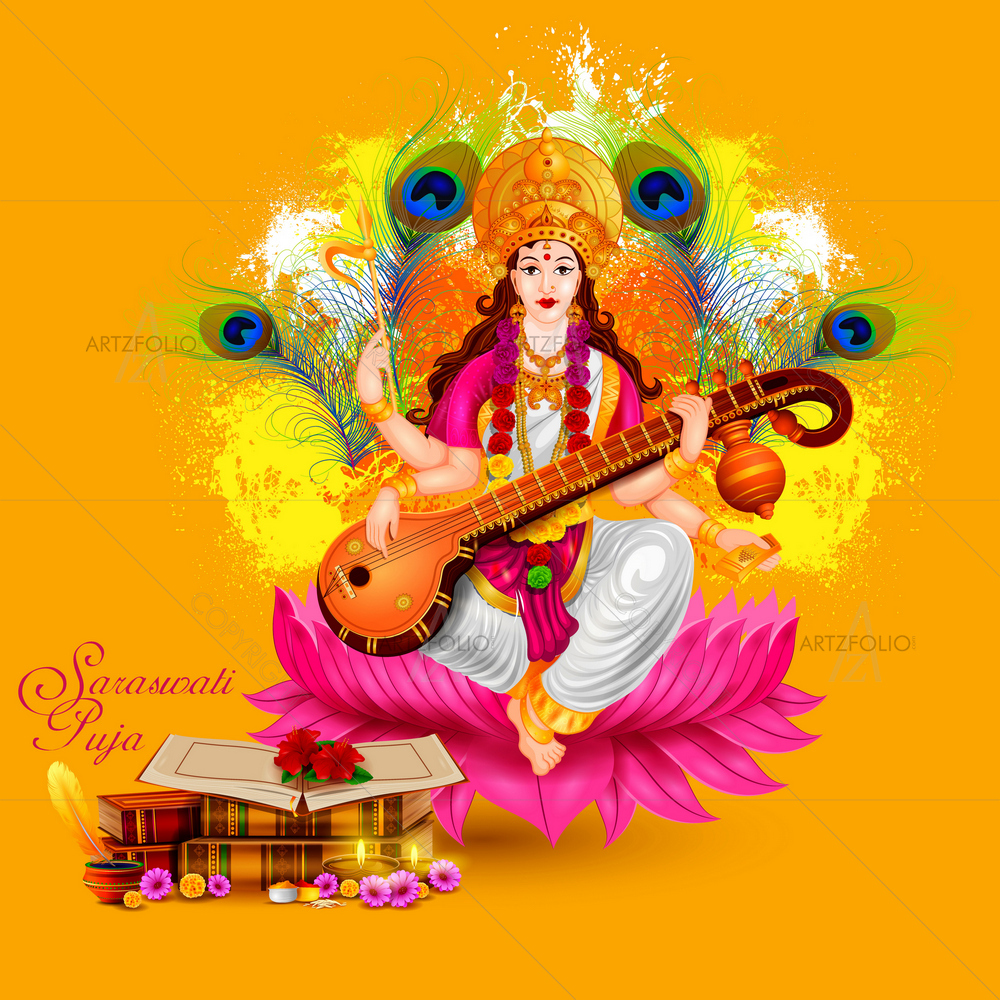 Goddess Saraswati, Vasant Panchami Festival D3 — Devotional custom art by ArtzFolio