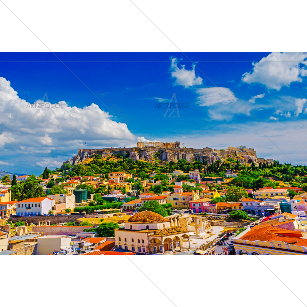 Plaka Athens and Acropolis Rock — Devotional custom art by ArtzFolio