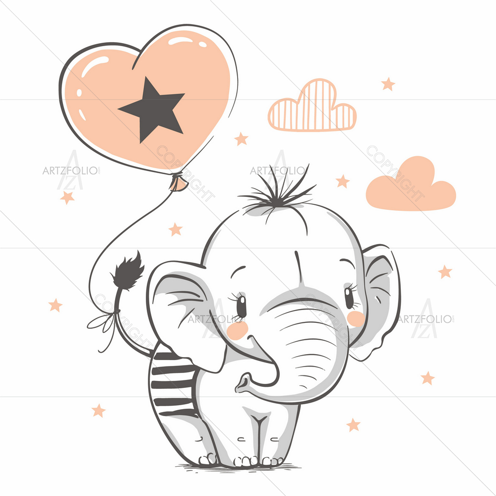 Cartoon Elephant with Balloons — Ancient custom art by ArtzFolio