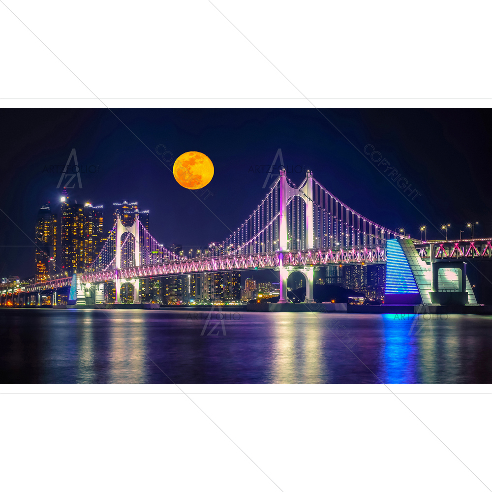 Gwangan Bridge with Full Moon, Busan South Korea — custom-size art design 5012988