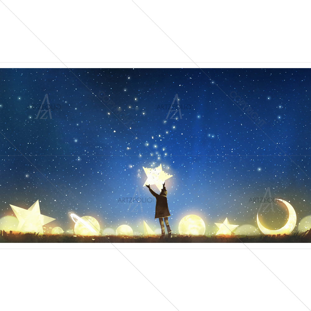 Young Boy Standing Among Glowing Planets Holding Star — custom-size art design 5012993
