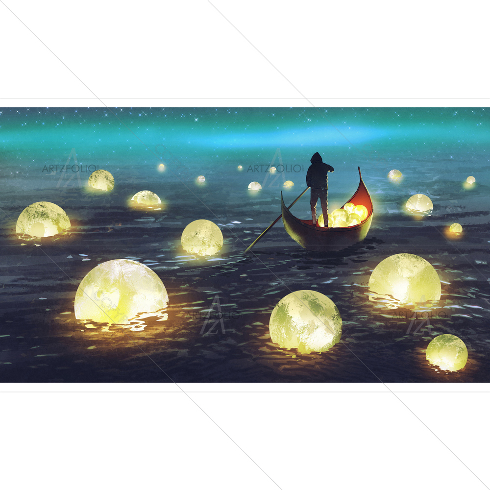 Man Rowing Boat Against Glowing Moons — custom-size art design 5012994