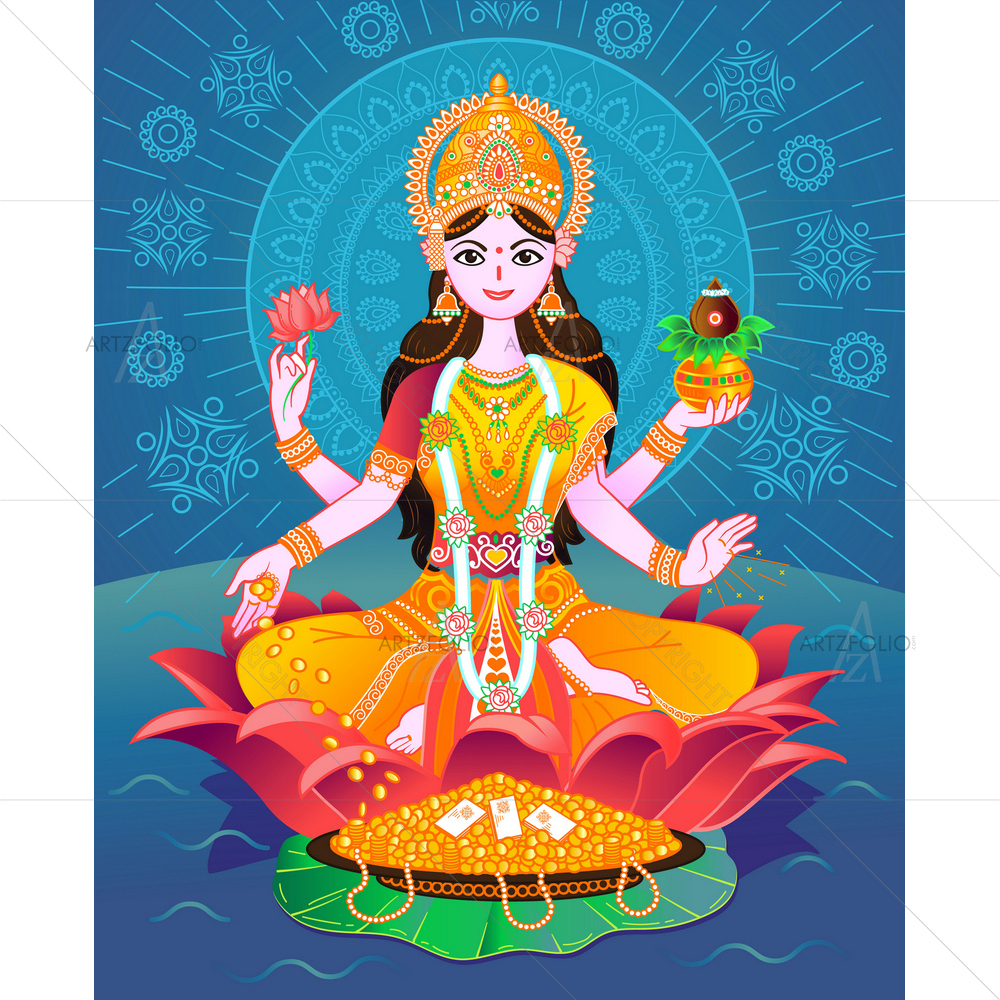 Goddess Maa Laxmi, Indian Dhanteras Festival — Devotional custom art by ArtzFolio