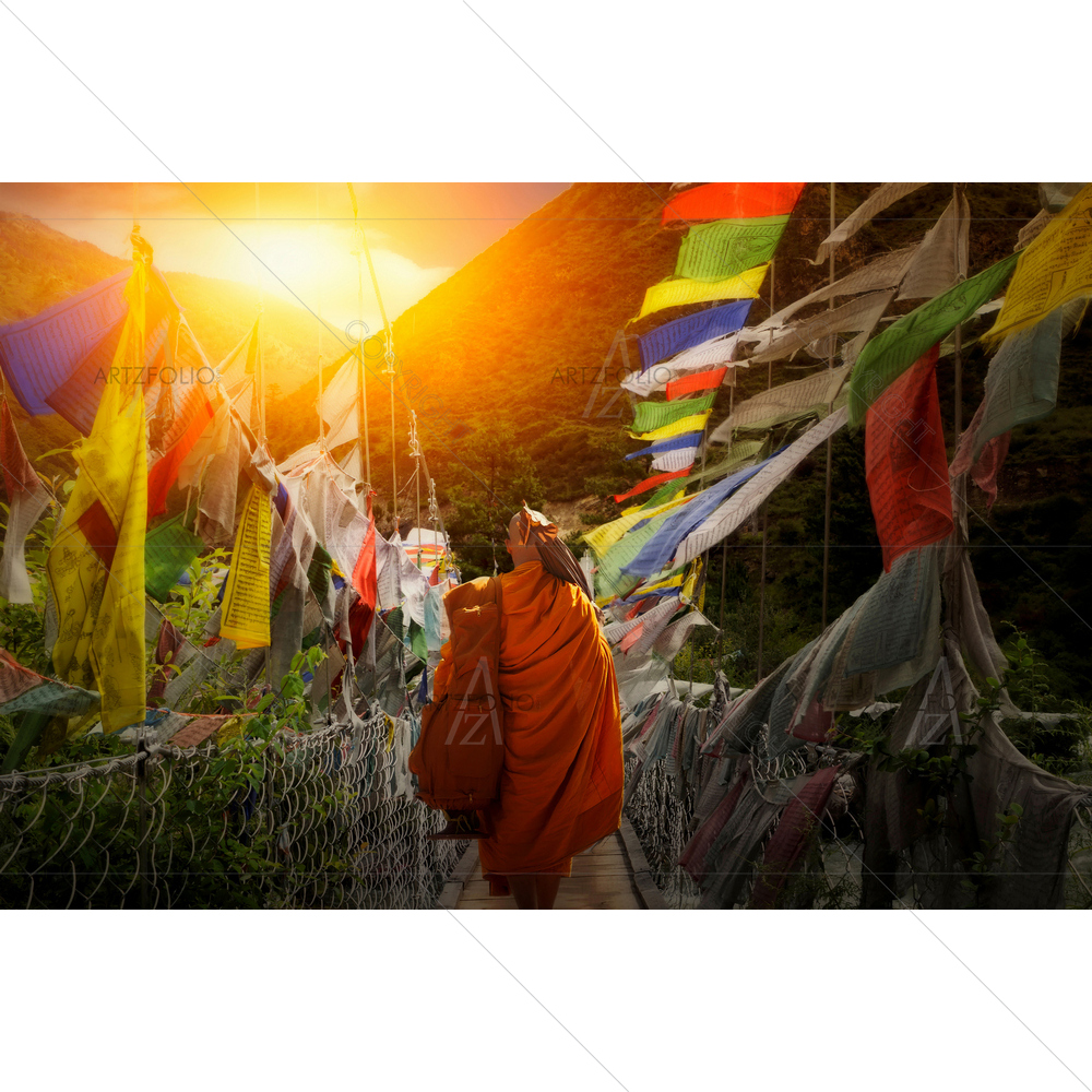 Monk Hiking, Bhutan — Devotional custom art by ArtzFolio