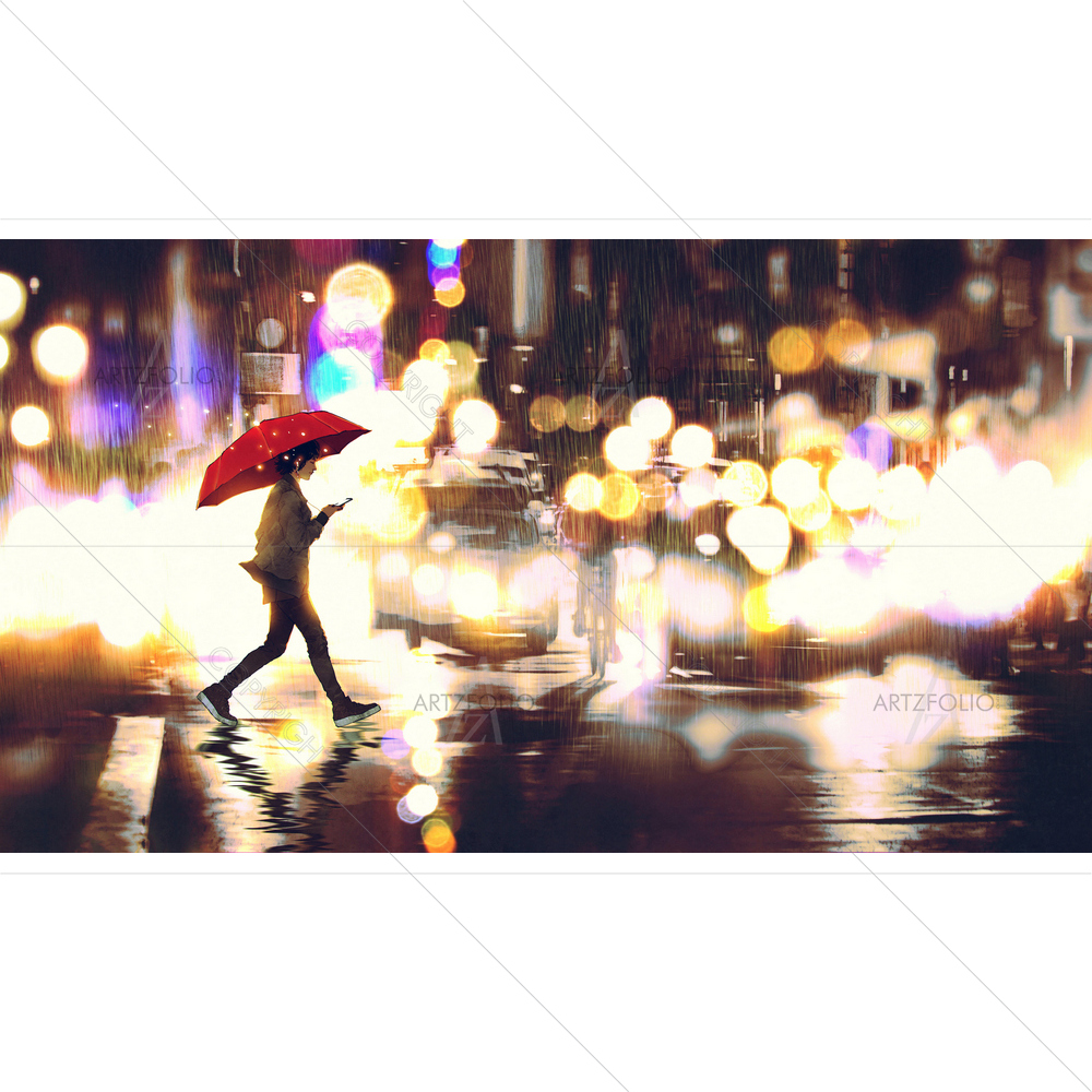 Woman Listening to Music Holding Umbrella — custom-size art design 5013080