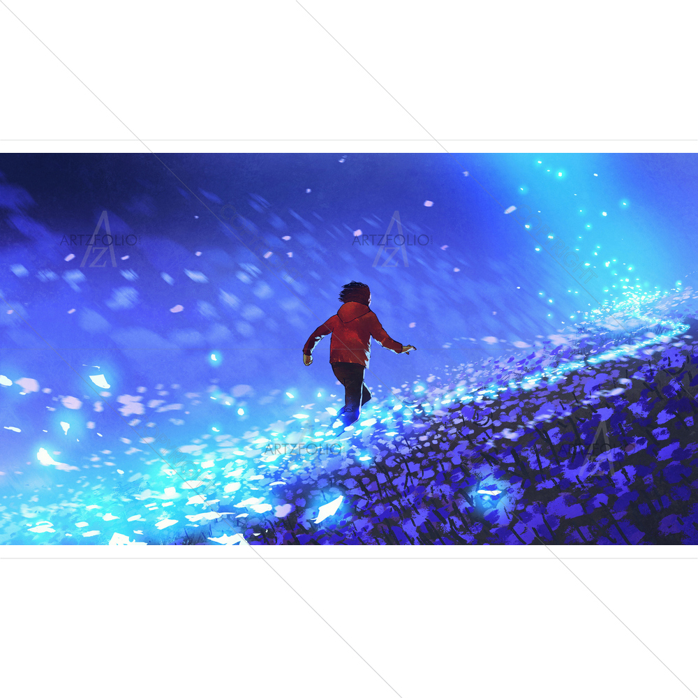 Boy Running on Blue Meadow with Flower Petals — custom-size art design 5013081